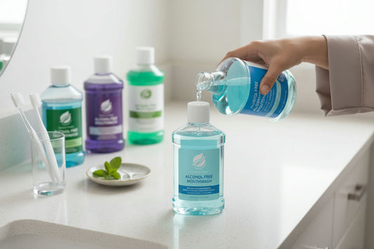 Close-up of clear alcohol free whitening mouthwash being poured showing bubbles and liquid texture