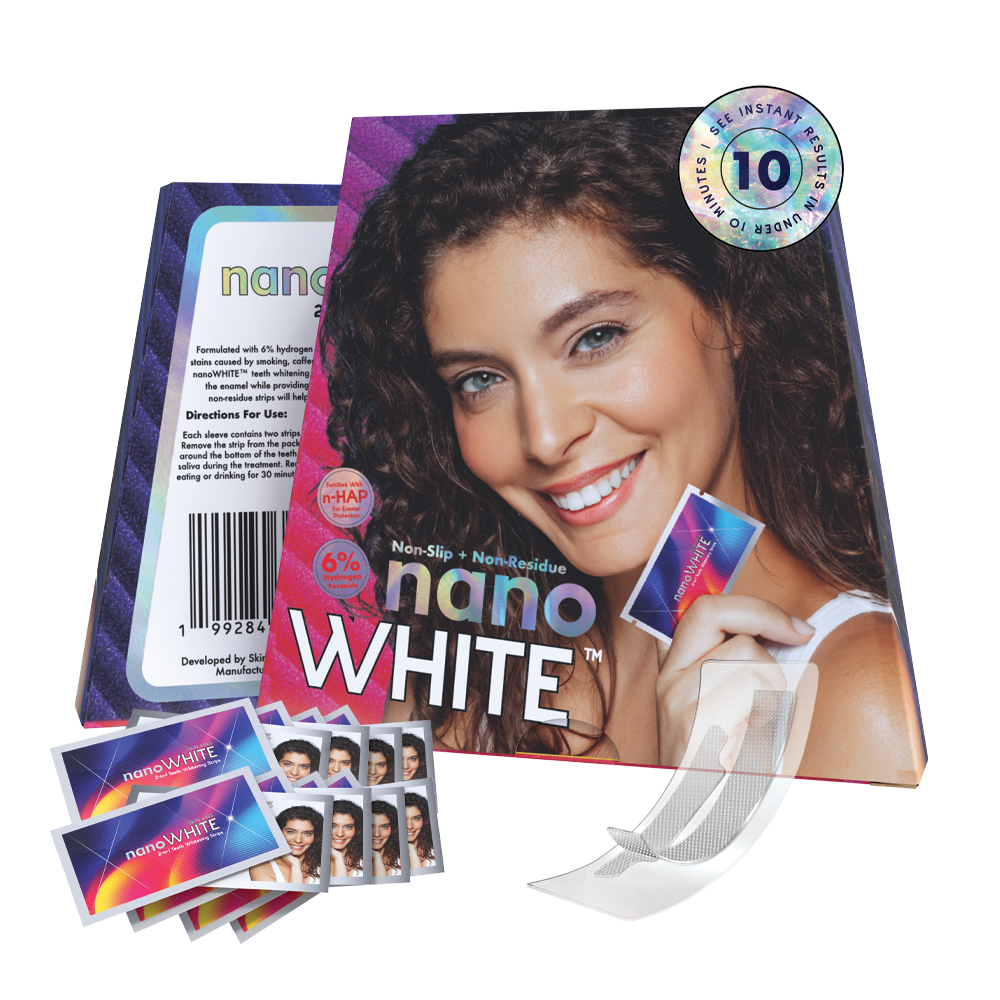 nanoWHITE 2-in-1 Teeth Whitening Strips packaging with nano-hydroxyapatite and hydrogen peroxide formula