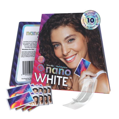 nanoWHITE 2-in-1 Teeth Whitening Strips packaging with nano-hydroxyapatite and hydrogen peroxide formula