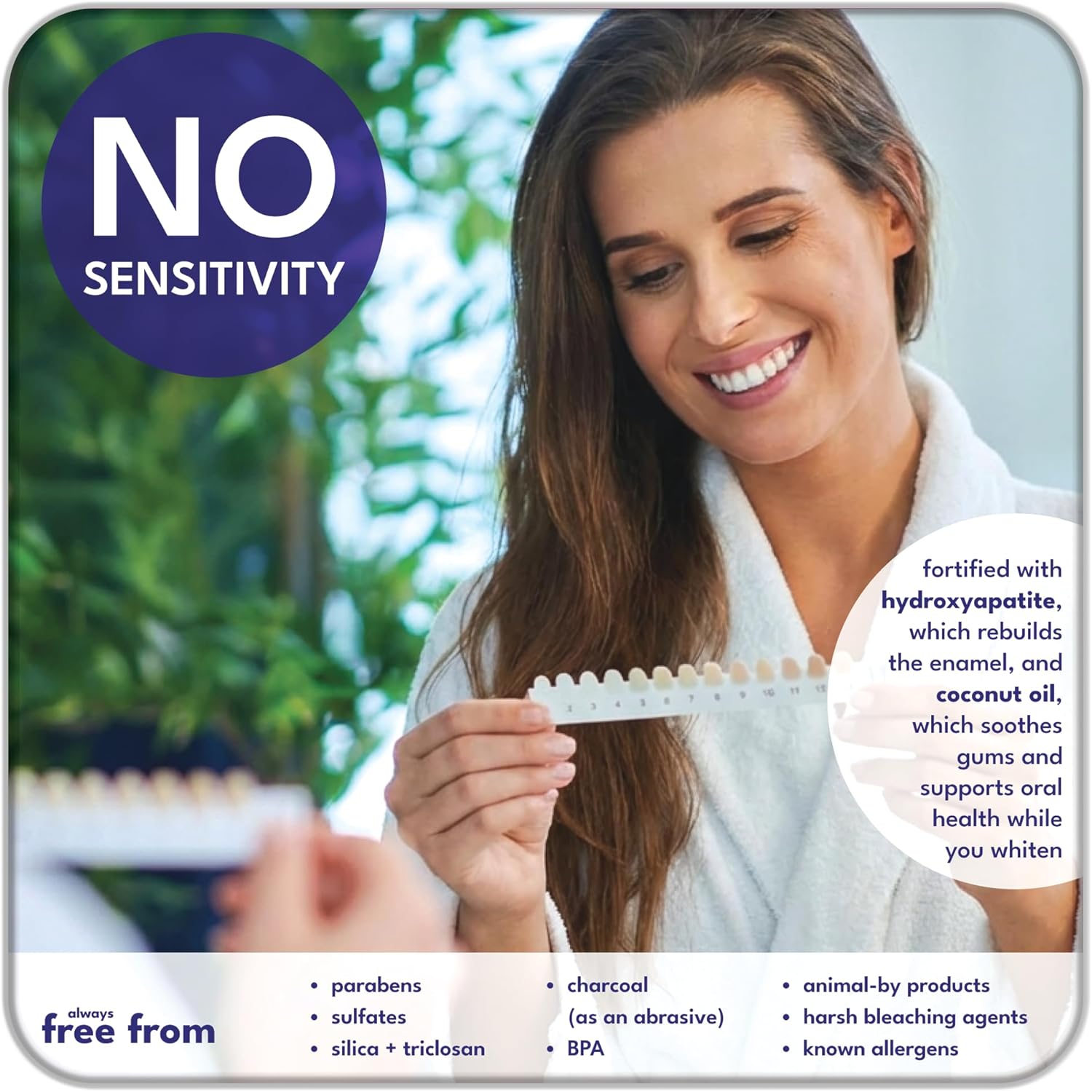 Woman smiling with no sensitivity claim after using nanoWHITE teeth whitening pen