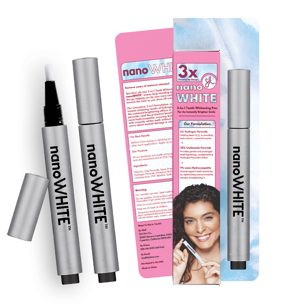 nanoWHITE 3-in-1 Teeth Whitening Pen with fine-tip brush applicator and metal casing