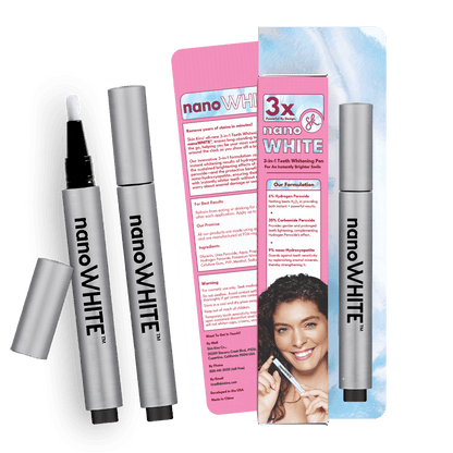 nanoWHITE 3-in-1 Teeth Whitening Pen with fine-tip brush applicator and metal casing